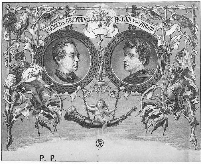 Briefpapier nach zeitgen&ouml;ssischen Portr&auml;ts Brentanos und Arnims sowie Motiven der Wunderhorn-Titelkupfer (historisches museum frankfurt)